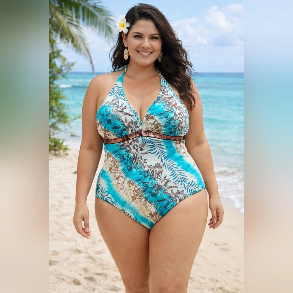 NWT Lane Bryant Venezia Sport Tropical One Piece Halter Swimsuit - Size 20W/2X